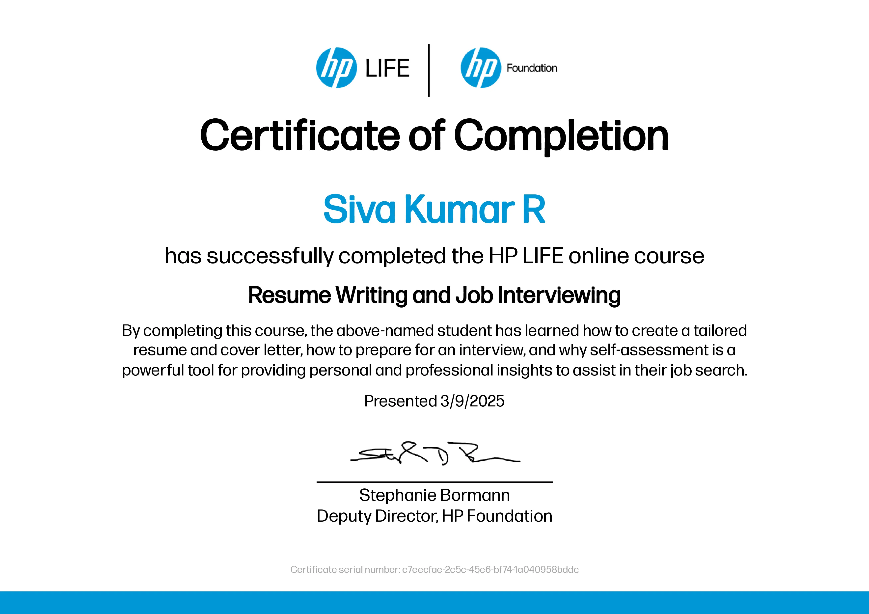 Siva Kumar R Resume Writing Certification